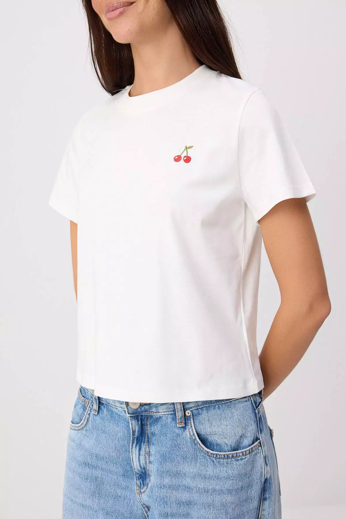 Ecru Embroidered Regular/Normal Fit Short Sleeve 1% Cotton Knitted T-Shirt Twoss26Ts124