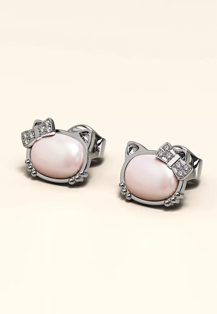 Hello Kitty Soft Pink White Gold Layered Stud Earrings