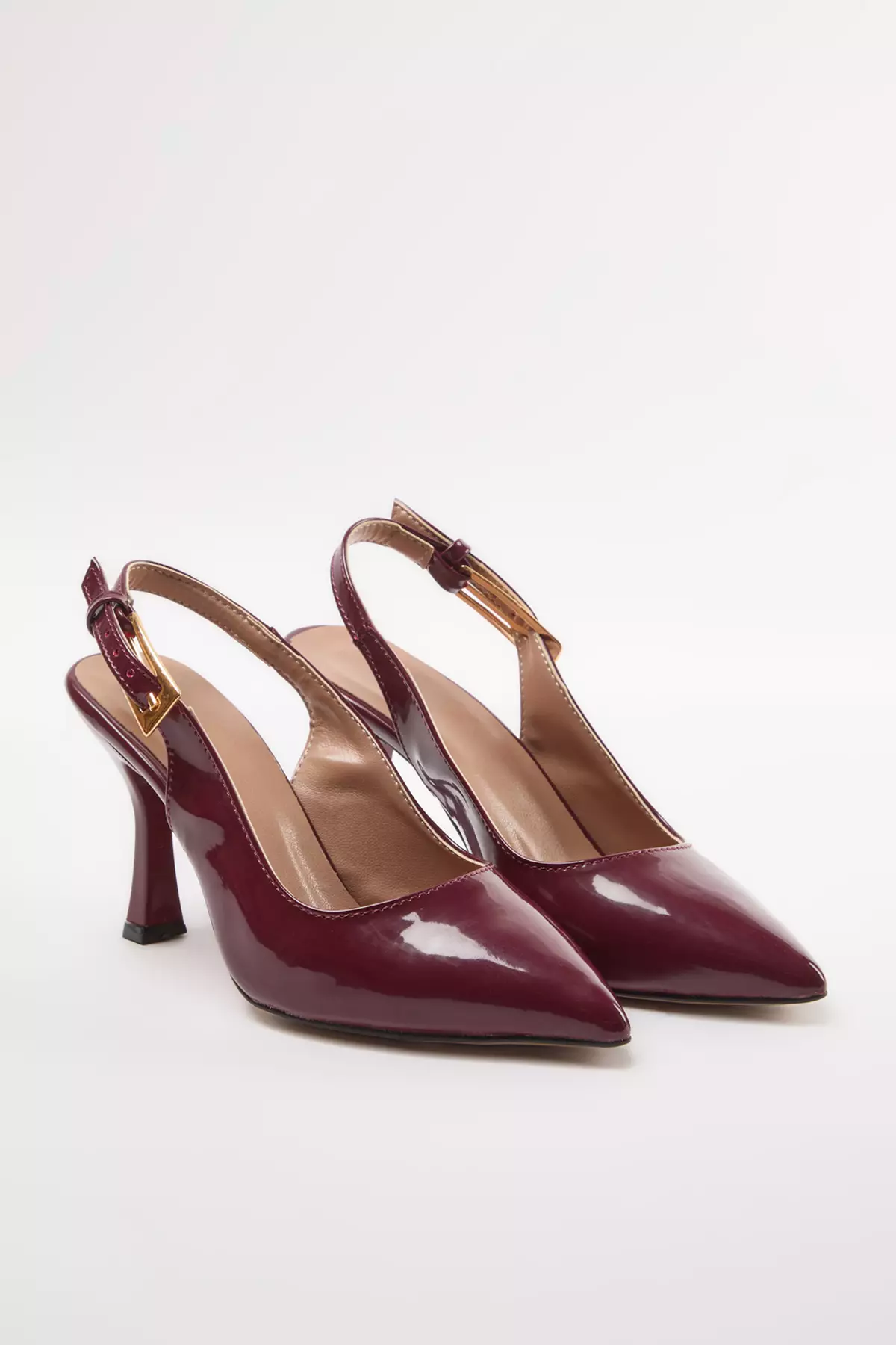 Pointed Toe Claret Red Thin Heeled Women's Shoes - Gold Buckle, Open Back