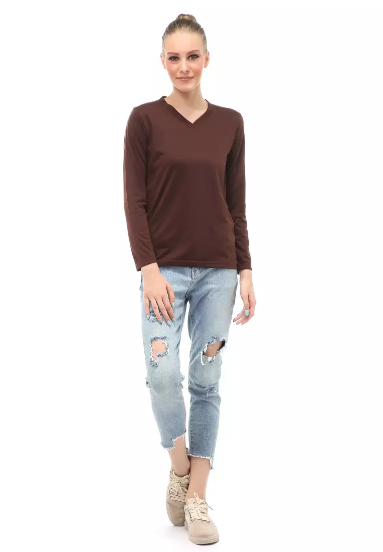 Kaos Polos Atasan Wanita V-Neck Lengan Panjang Design Simple Relaxed Fit - Coklat