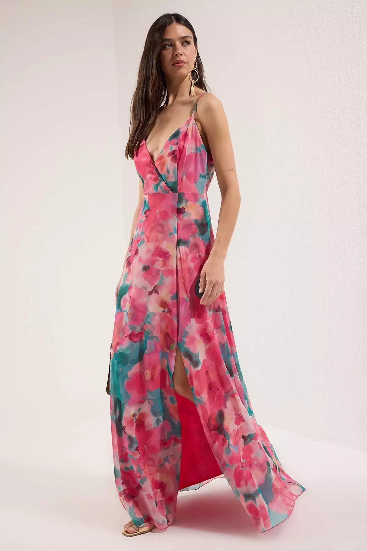 Multi Floral Slit Detail Chiffon Flight Flight Long Evening Dress Homecoming Dress