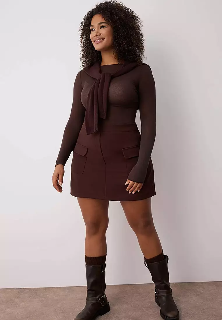 Brown Pocket Pencil Double Fabric Plus Size Skirt Tbbss23Az00051