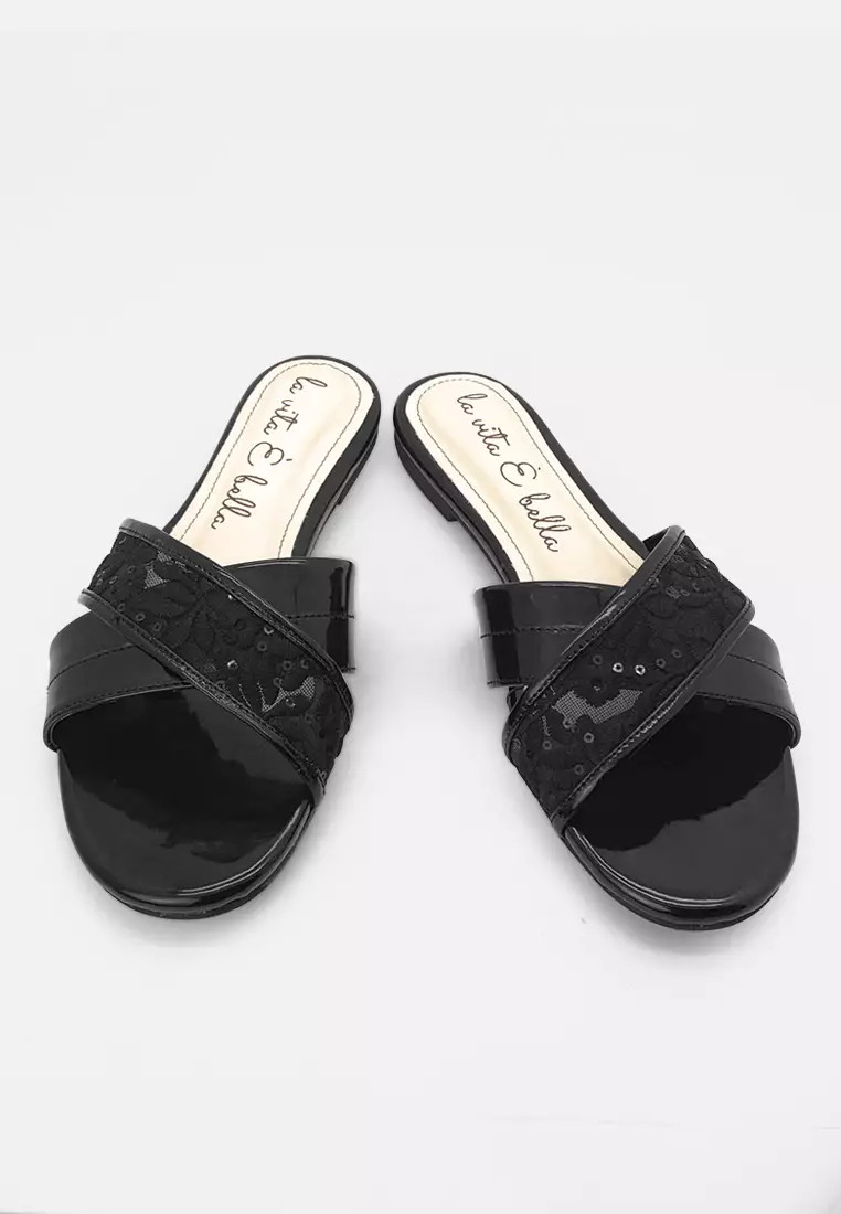 Floral Cross Sandal Flat Wanita