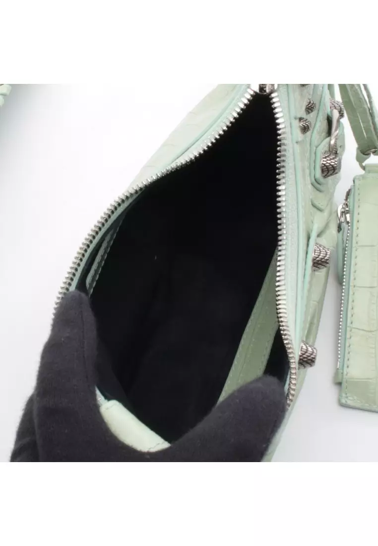 Pre-Loved BALENCIAGA LE CAGOLE Le Cagoule Shoulder bag leather Light green croc embossed