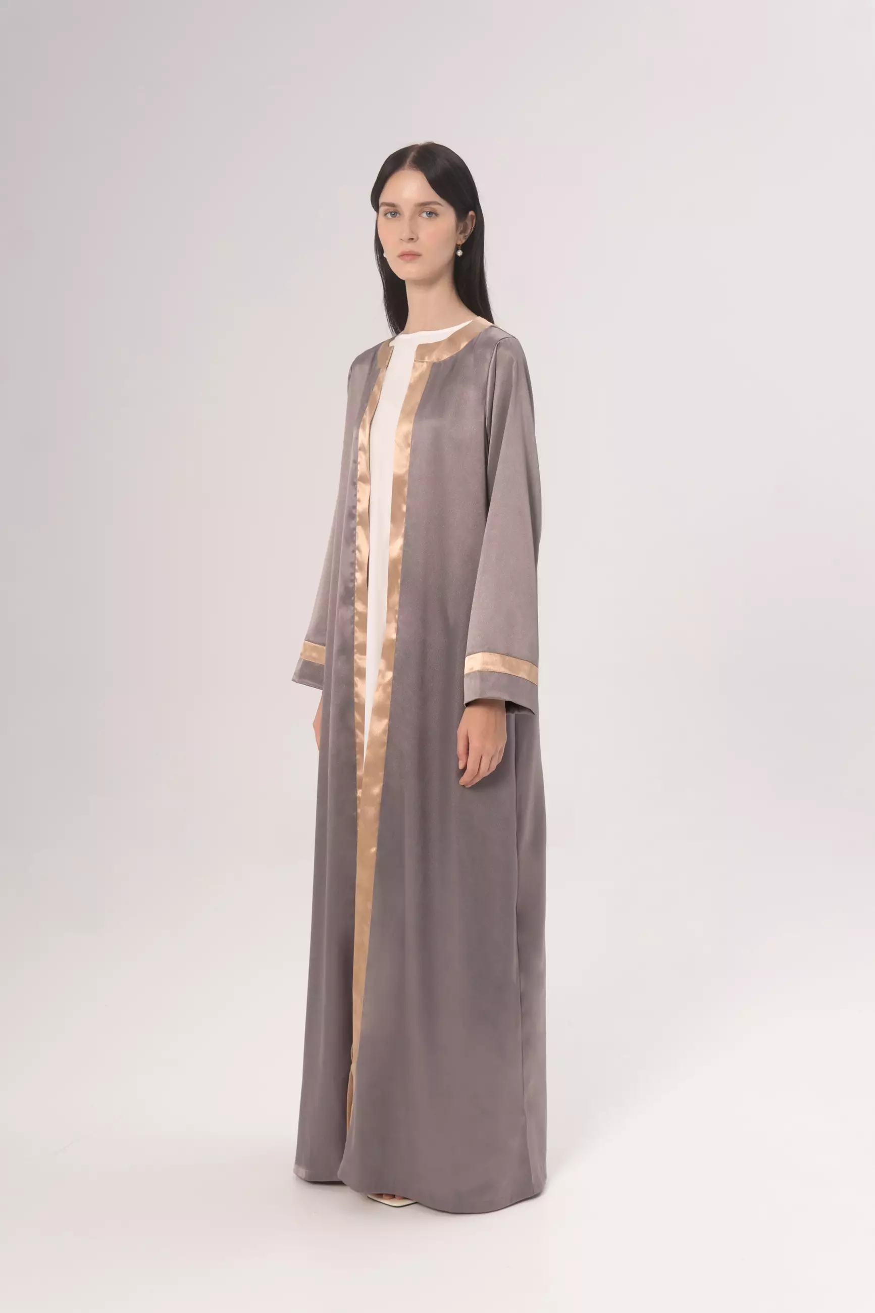 DEMURE&CO - DESSENTIALS RABIA OPEN ABAYA IN DARK ASH - DAILY WEAR ABAYA