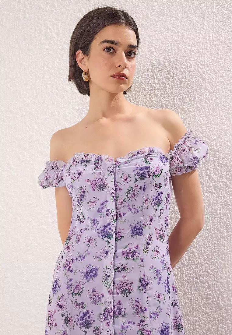 Lilac Floral Midi Lined Chiffon Woven Shirt Dress Twoss25El00563