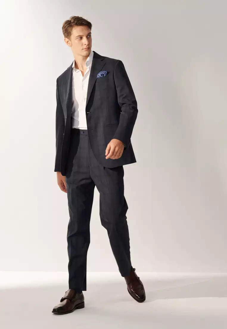 經典款海軍藍格紋寬鬆西裝褲