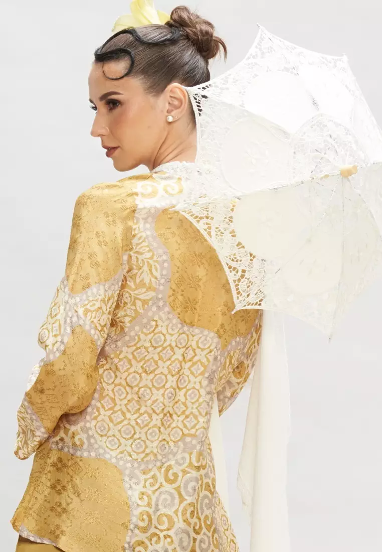 Premium Batik Mustard Kebaya & Satin Wrap Skirt Modern Baju Kurung