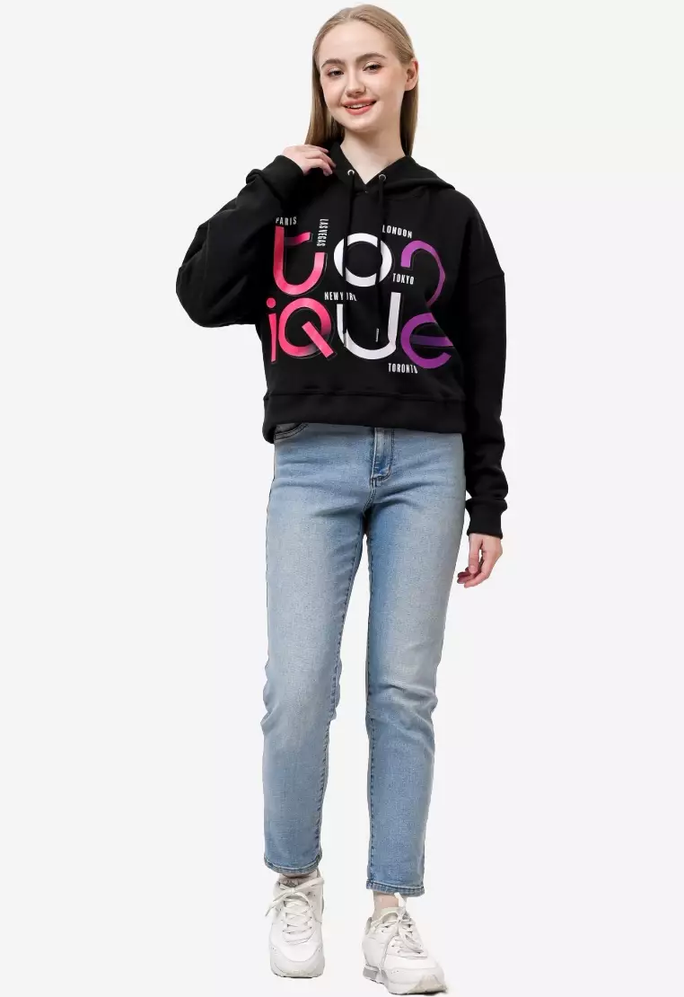 TONIQUE Wanita Crop Hoodie Katun Fleece Hitam MIA Womens Regular Fit Cotton Fleece Crop Hoodie Black