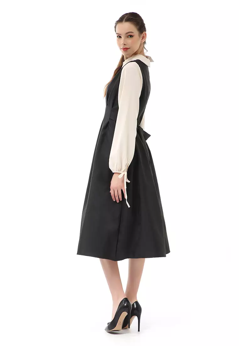 Rachel Midi Dress Wanita Slim Waist Lengan Karet Kombinasi Warna Material Cotton ORIGINAL - Black