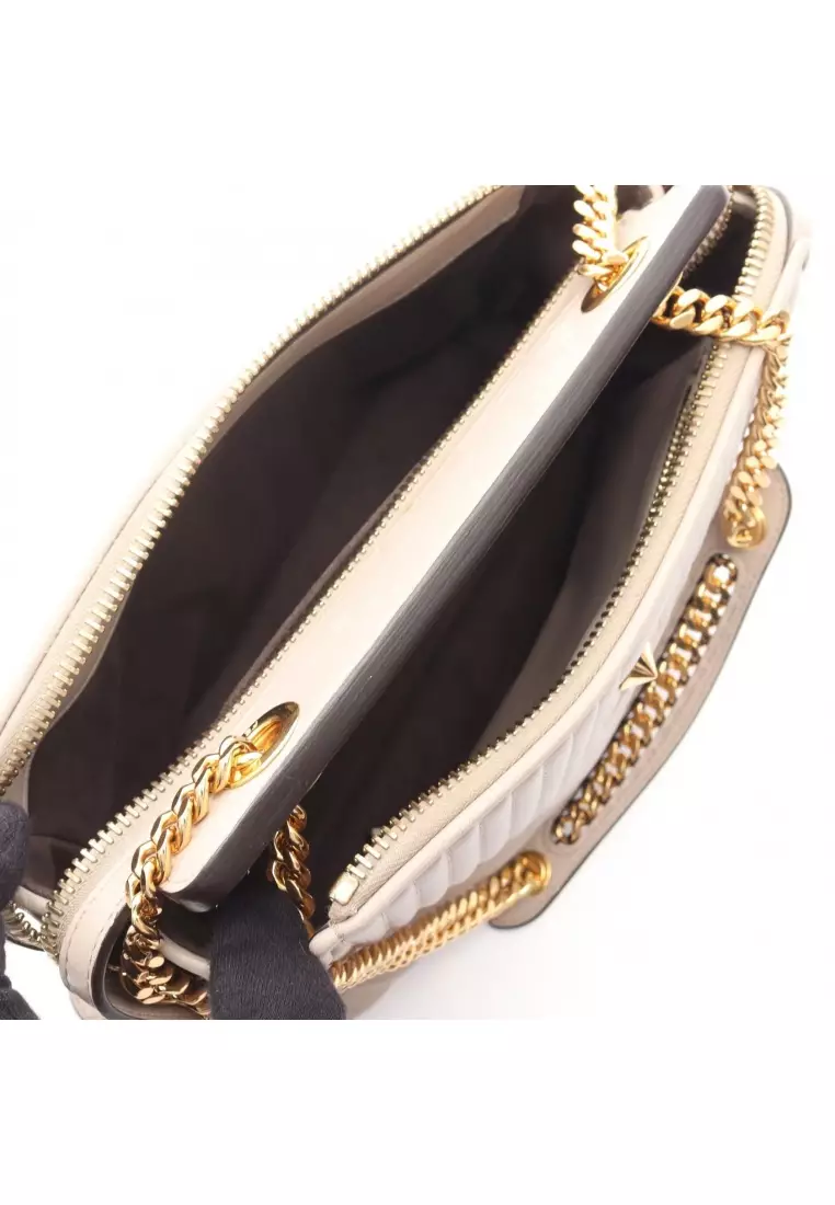 Pre-Loved Fendi DOT COM dot com click W chain shoulder bag leather Gray beige