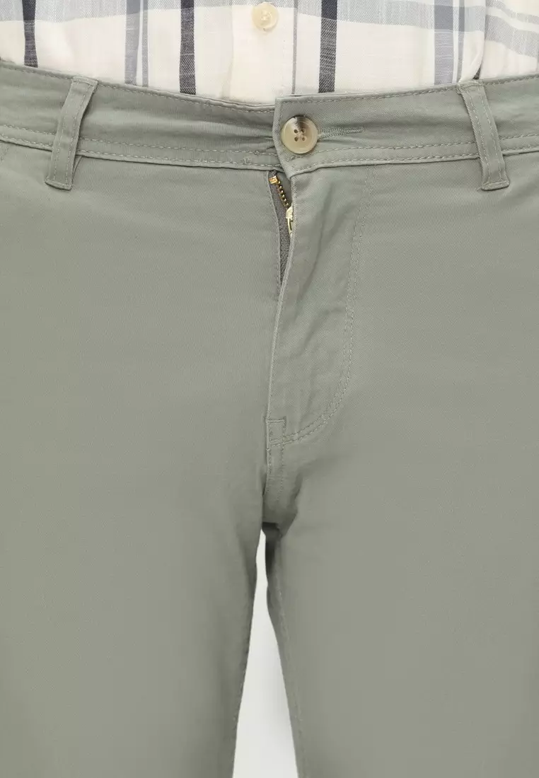 POLICE Celana Chino Panjang Sage Green Cotton Premium Stretch Slim Fit Pria