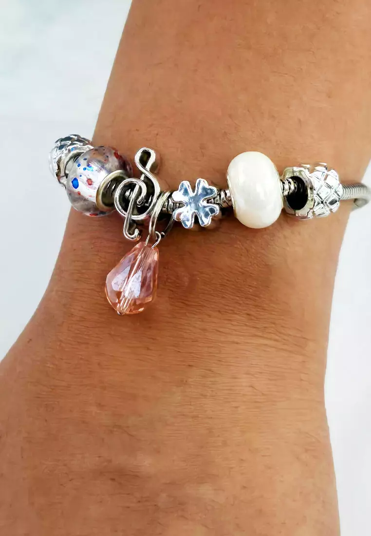 Accessories Wanita Diamante Cubic Pomora Charm Bracelet Gelang Wanita Silver & Pink