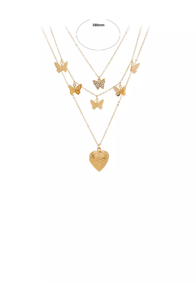 Fashion and Simple Plated Gold Heart-shaped Butterfly Pendant with Cubic Zirconia and Multi-layered Necklace