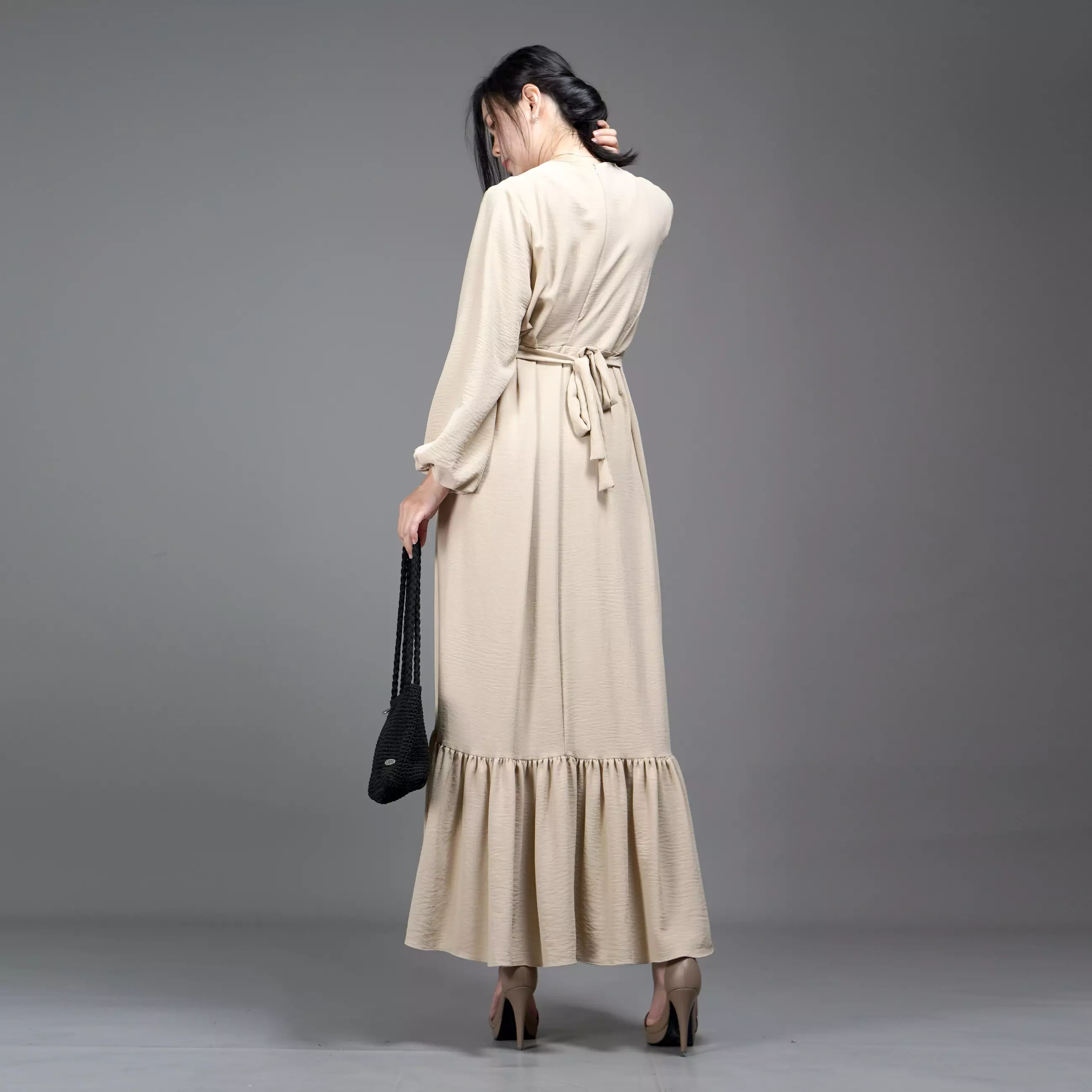  DRESS JULIA Long Dress Gaun Pesta Midi Dress Gaya Korea - Krem