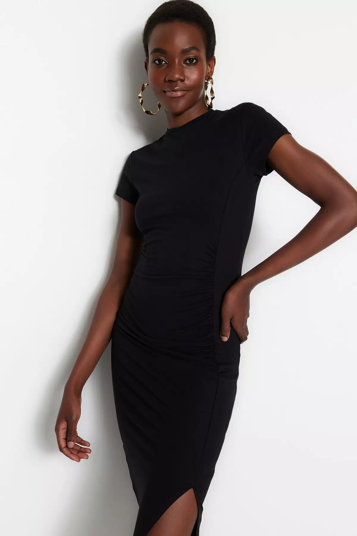 Knitted Dress with Smocks and Slit Detail