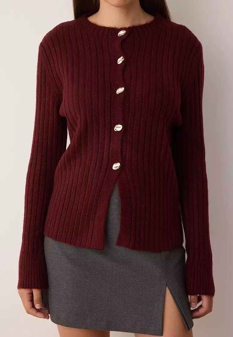 Burgundy Button Detailed Soft Textured Slit Detailed Knitwear Cardigan Twoaw26Hi00096