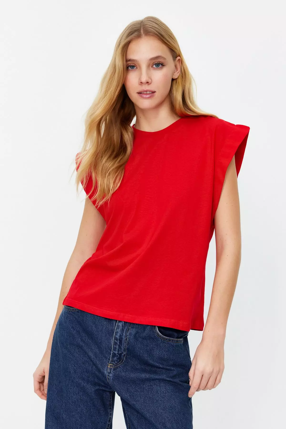Red Striped Striped Padded Look Basic Crew Neck Knitted T-Shirt