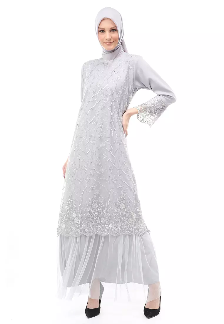 Diana Gamis Brukat Wanita Muslimah Lapis Moscrepe Premium Quality - Grey
