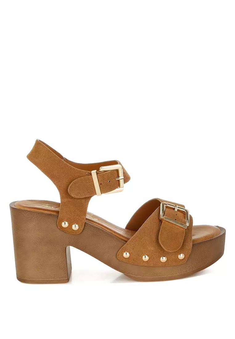 Real Suede Leather Clog Sandals In Tan