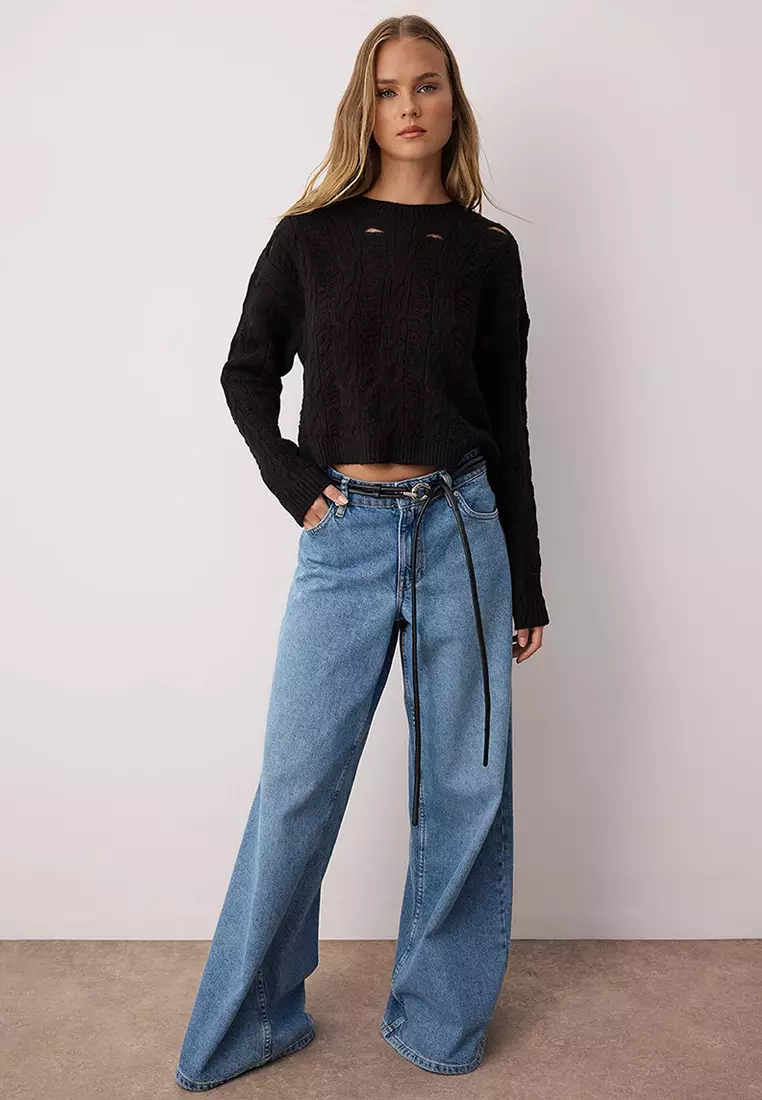 Black Soft Texture Wide Fit Openwork/Hollowed Knitwear Sweater