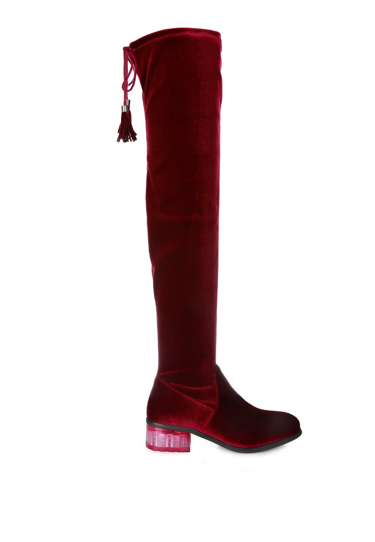 Burgundy Velvet Knee High Clear Heel Boots