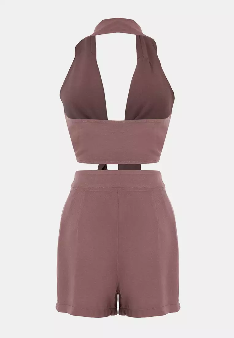 Dark Brown Woven Tie Detail Beach Mini High Waist Blouse-Shorts Set Tbess21Au298