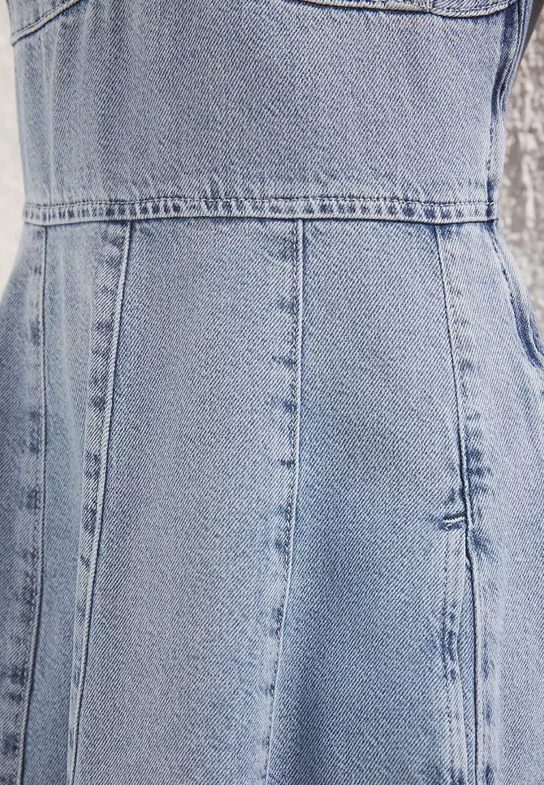 Light Blue V-Neck Strap Midi Denim Dress Twoss25El00737