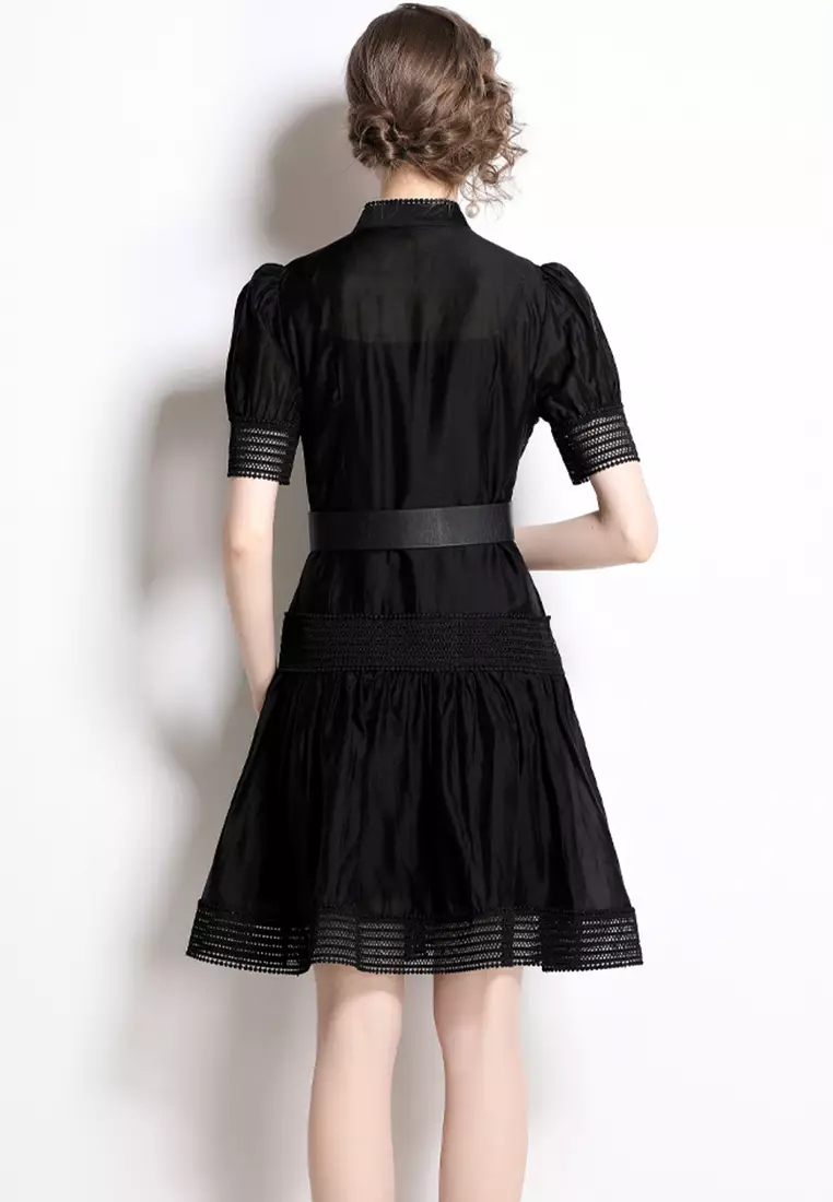 Lace Stitching Stand Collar Waist One-Piece Dress A22050707