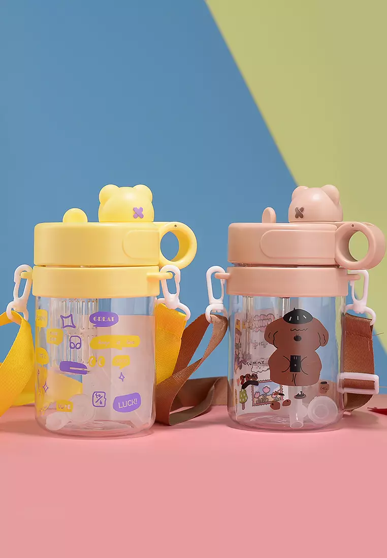 Wakakids Botol Minum Anak Plastik Infused Water Free Sticker Lucu dengan Sedotan dan Tali Panjang 600ml K368 Venhs Kuning