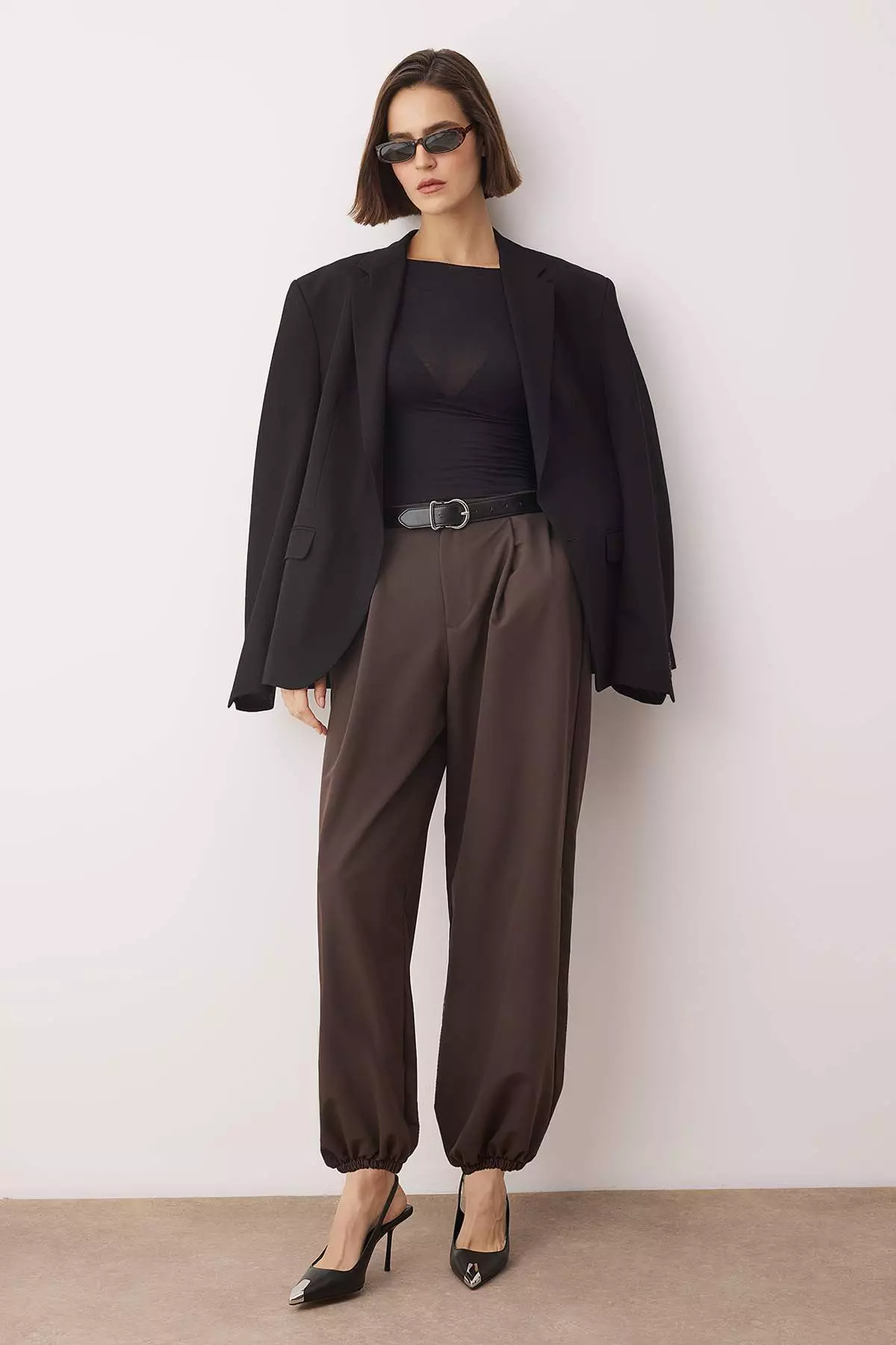 Brown High Waist Woven Baggy Trousers Twoaw26Pl169
