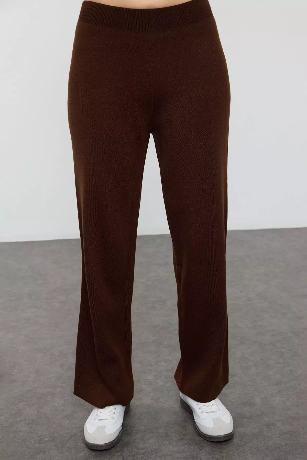 Brown Striped Knitted Trousers Bottom-Top Set Twoaw24Au00045