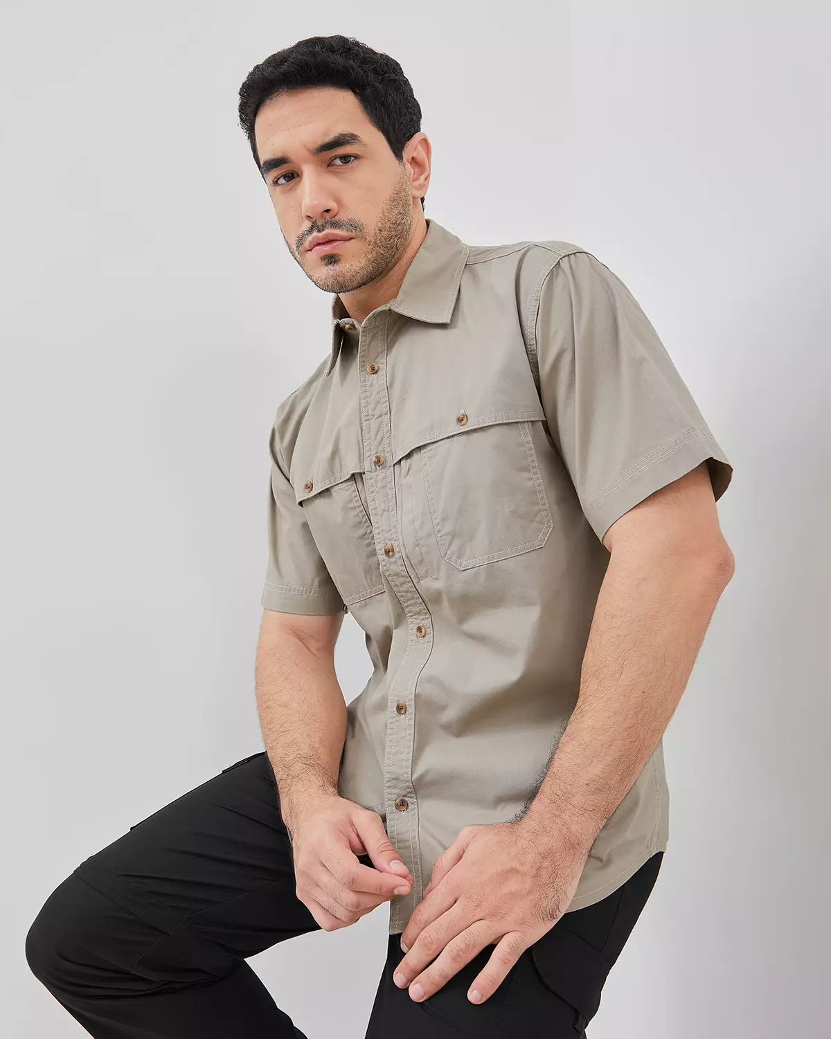 REGULAR SHORT SLEEVE DOUBLE POCKET COTTON CREAM SHIRT