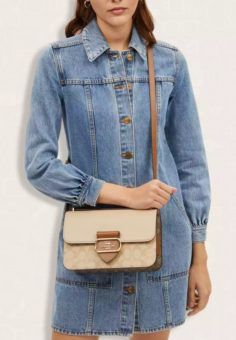 Coach Large Morgan Square Crossbody Bag In Blocked Signature Canvas Light Khaki Khaki Multi