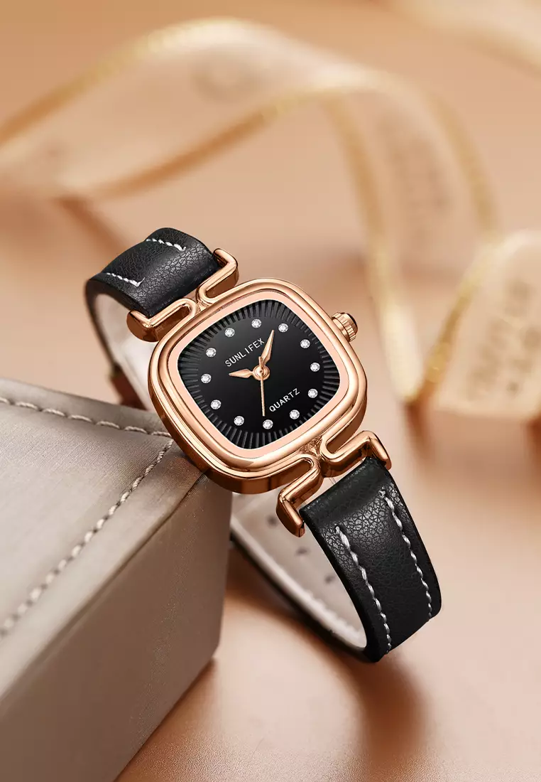 Jam Tangan Wanita Original Korea Retro Anggun Kuarsa Berlian Jam Tangan Cewek 5996 black