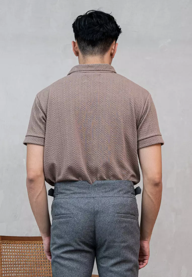 Houseofcuff Polo Shirt Rajut Stretch Lengan Pendek Pria Coklat Susu