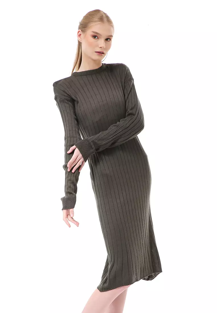 Adela Dress Rajut Tunik Wanita Motif Polos Long Sleeve Relaxed Fit - Army