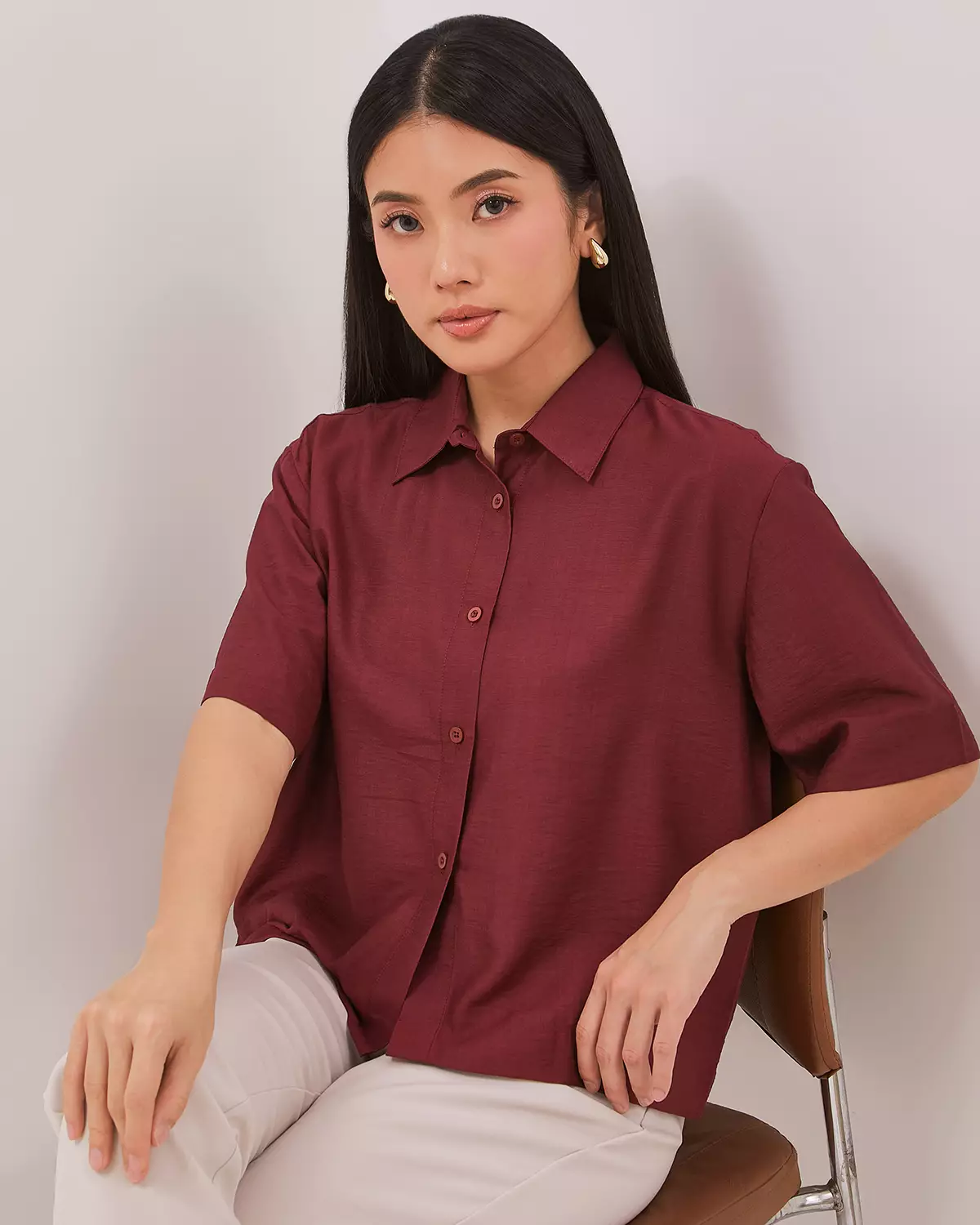 MAROON RED SHORT-SLEEVED BLOUSE FOR WOMEN