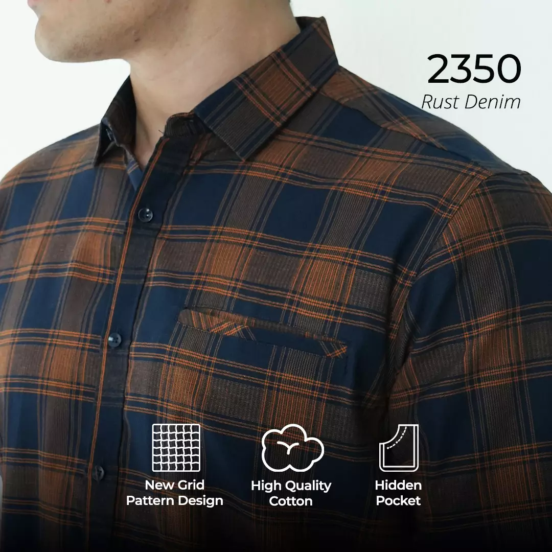 Casella Kemeja Chicago Pria Lengan Pendek Exclusive Motif Kotak 2350 Rust Denim