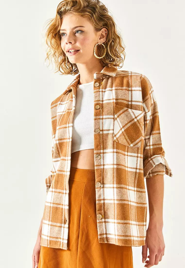Beige One Pocket Thick Plaid Lumberjack Shirt