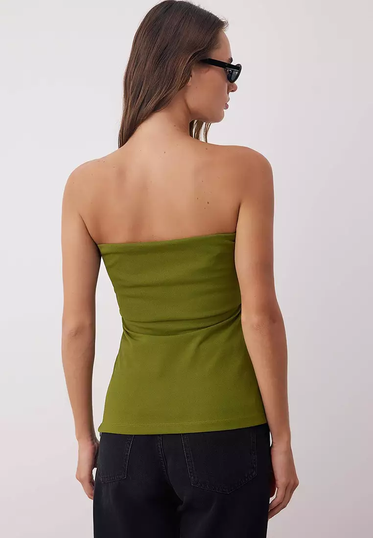 Oil Green Strapless Collar Side Zippered Crepe Knit Blouse Twoss23Bz00928