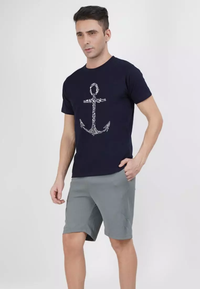 Anchor Bones Print Graphic Blue Short Sleeves Regular Fit Tee