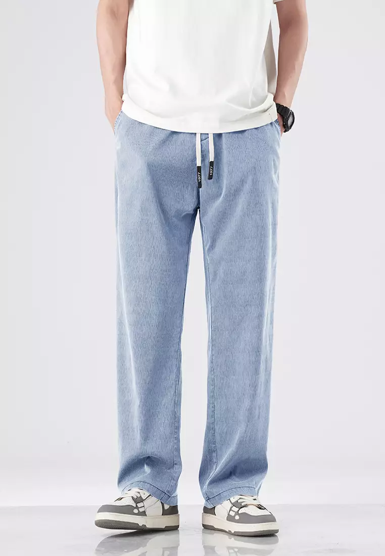 Buy OPCHIC Men's Casual Ice Silk Drawstring Loose Straight Pants Online