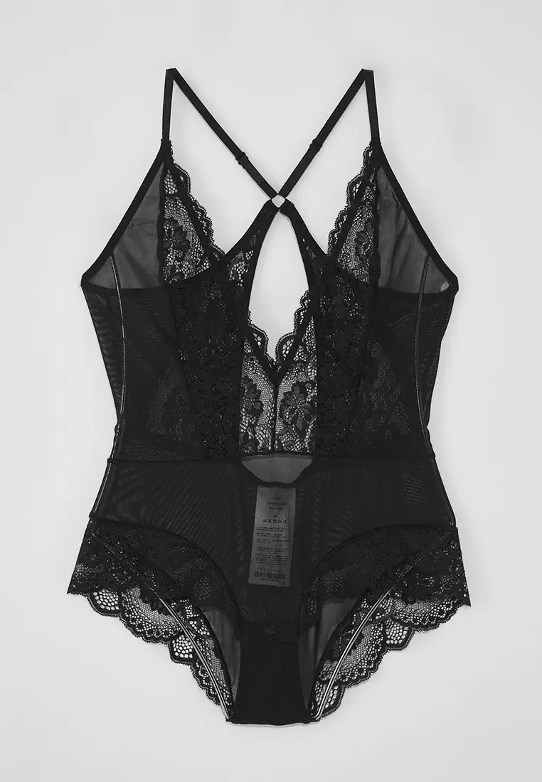 Black Tulle Lace Detailed Coverless Knitted Bodysuit THMSS25BD00008