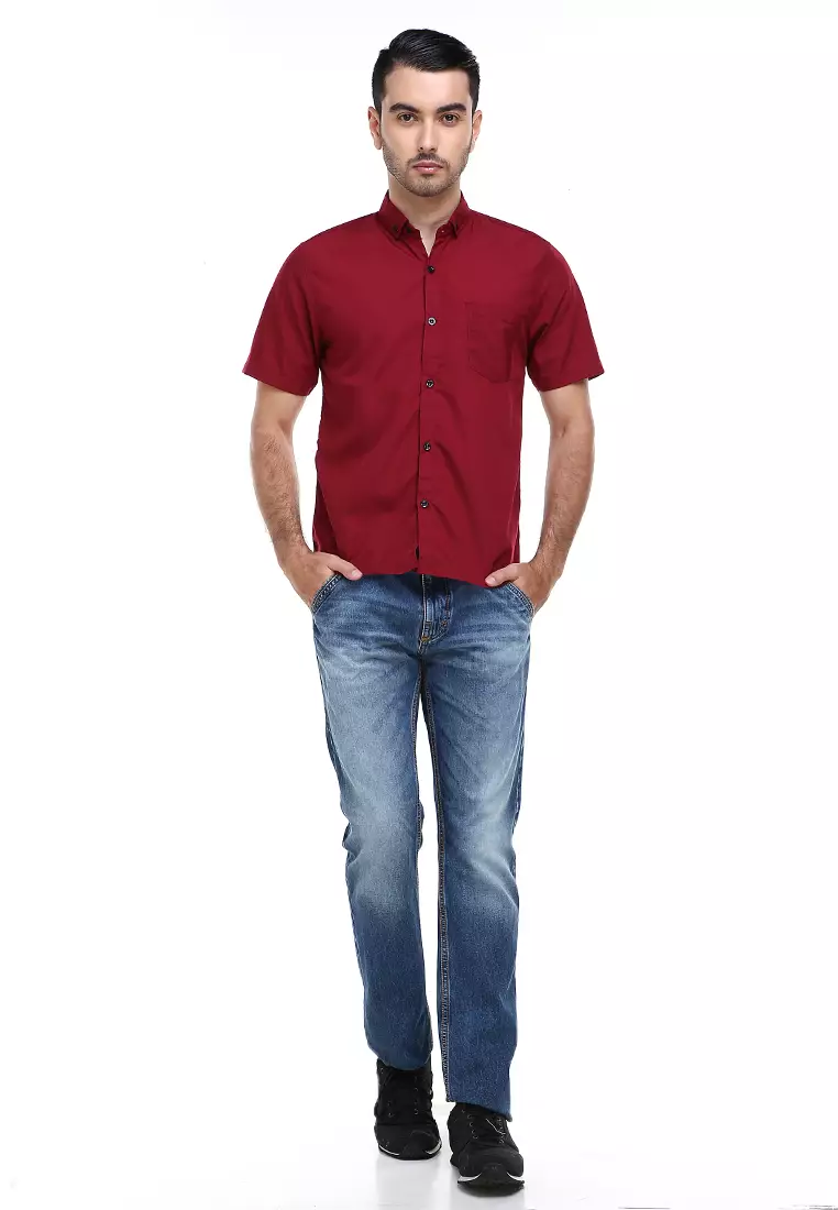 Dwan Casual Shirt Kemeja Polos Pria Lengan Pendek Kasual Formal Material Cotton ORIGINAL - Maroon