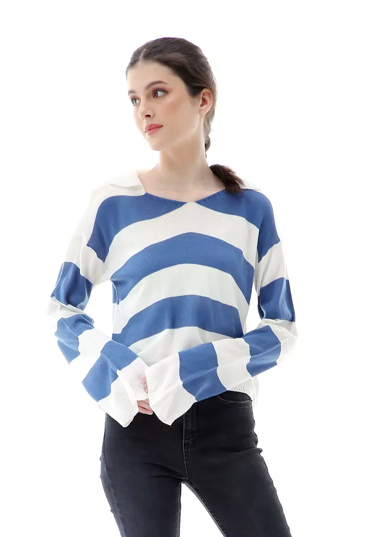 Vilia Rajut Crop Atasan Wanita Oversize Motif Stripe Garis Relaxed Fit - Denim