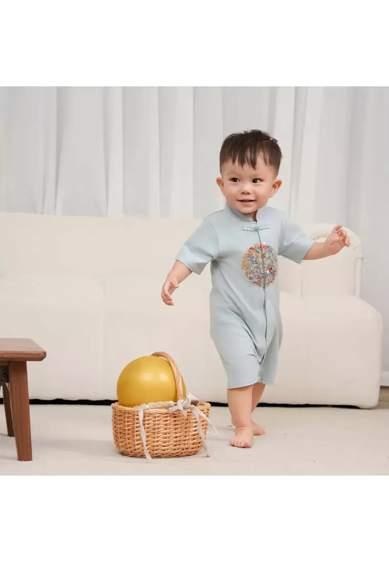 活力智慧藍親子裝男嬰兒唐裝漢服連褲裝0843