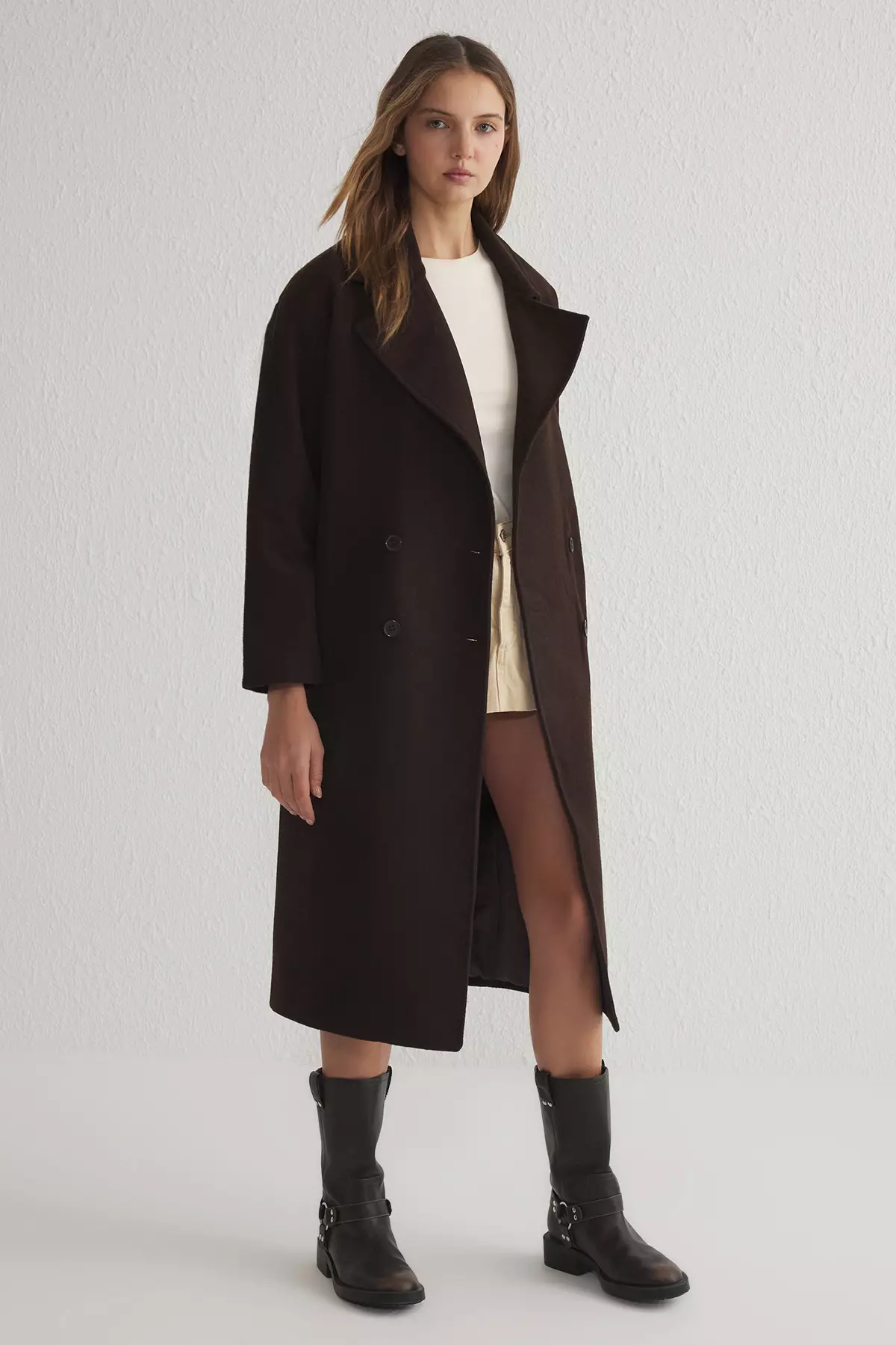 Brown Oversized Wide Cut Long Wool Cashmere Coat TWOAW21KB0038