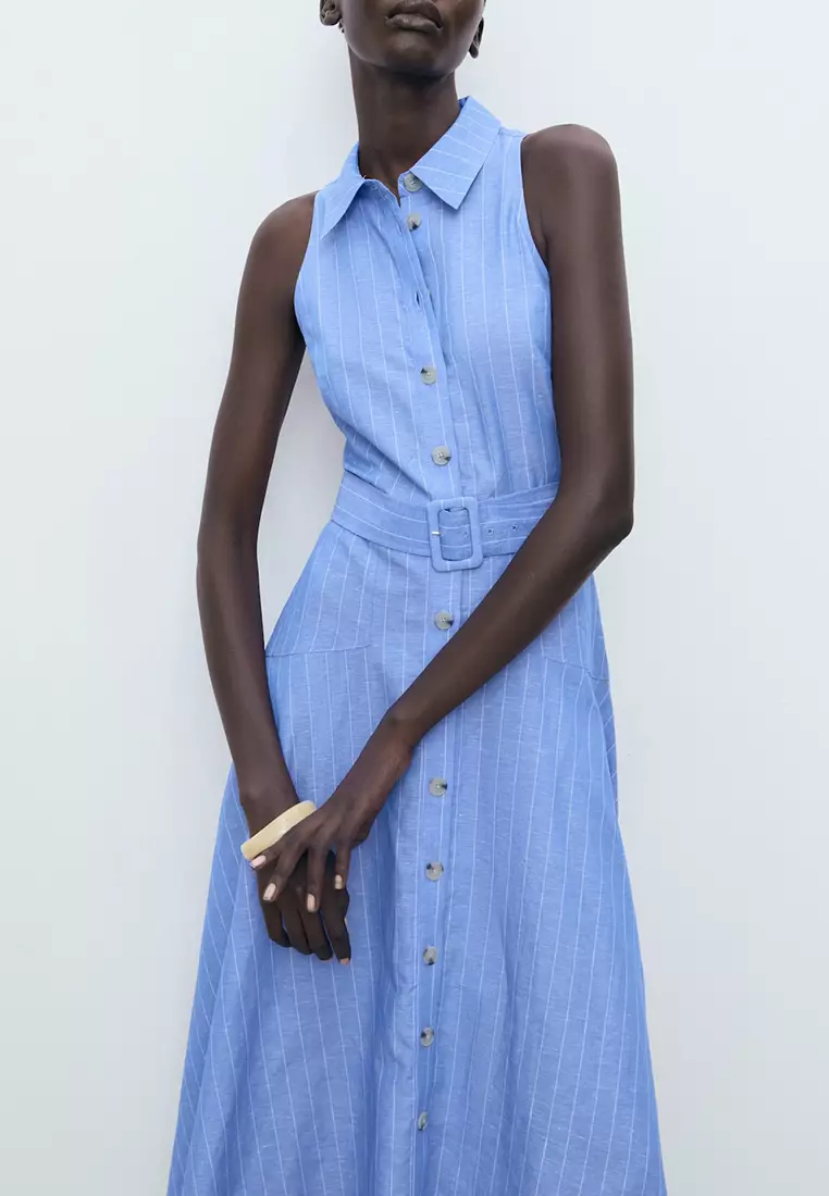 Striped Linen-Blend Shirt-Style Dress