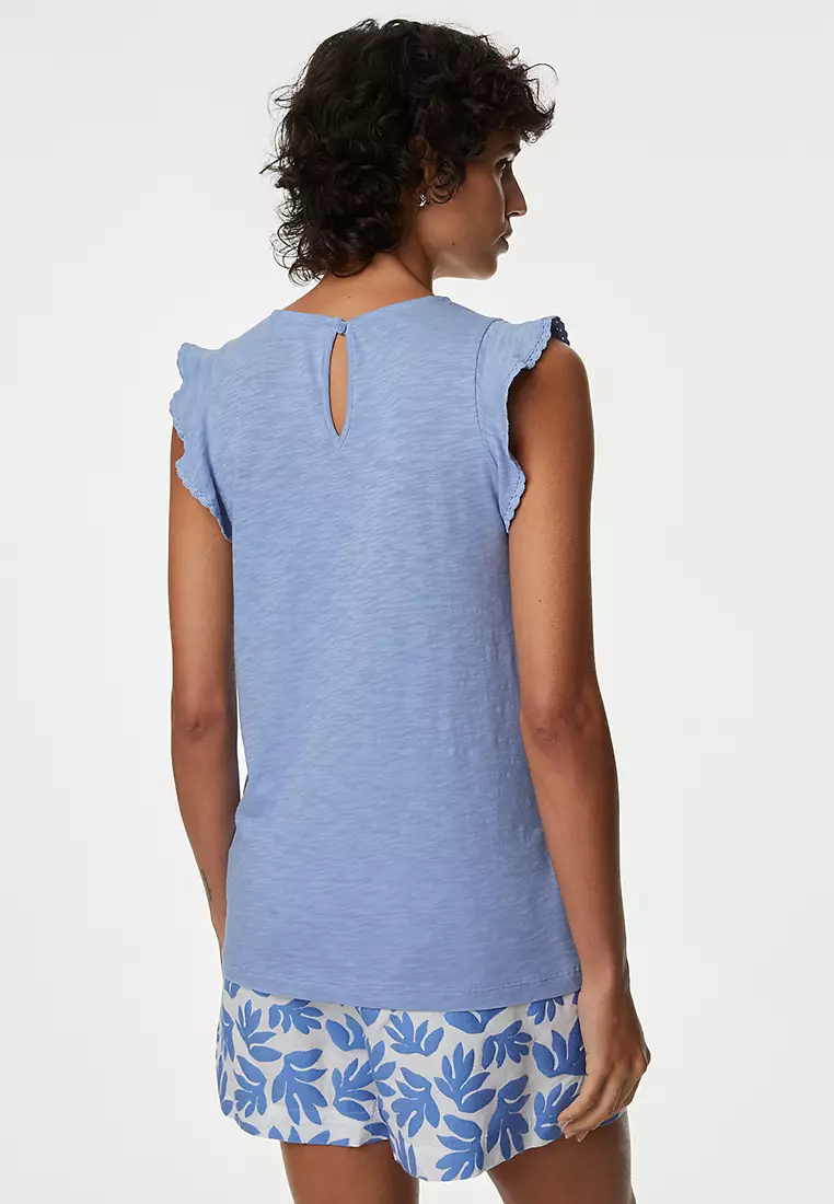 Pure Cotton Embroidered Frill Detail Top